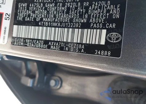 2018 Toyota Camry Se from USA, damaged, VIN 4T1B11HK8JU132382